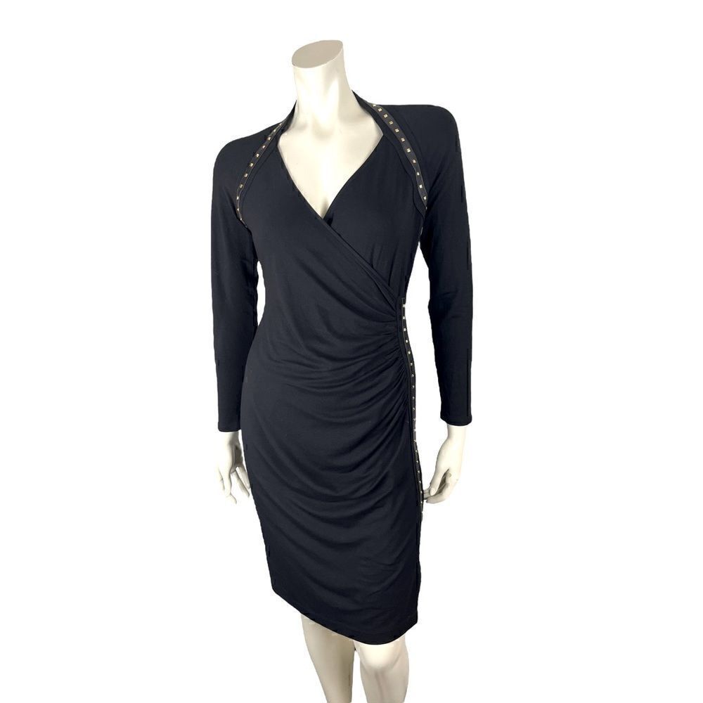 Philosophy NWOT Black L/S V-Neck Wrap Dress Trimmed w/Blk Studded Leatherette M